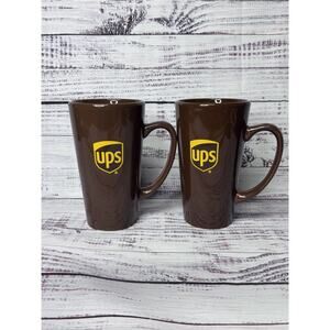 UPS Tall Ceramic Coffee Mug Cup W/ Logo - United Parcel Service BROWN SET (2)